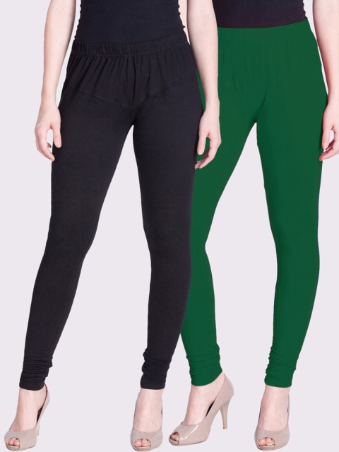 

LYRA Women Pack Of 2 Green & Black Solid Churidar-Length Cotton Leggings