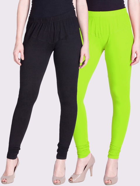 

LYRA Women Pack Of 2 Fluorescent Green & Black Solid Churidar-Length Leggings