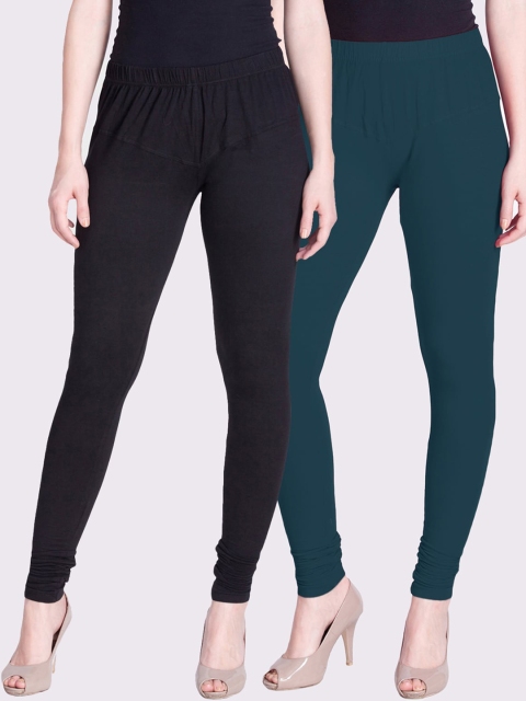 

LYRA Women Pack Of 2 Black & Pine Green Solid Churidar-Length Cotton Leggings