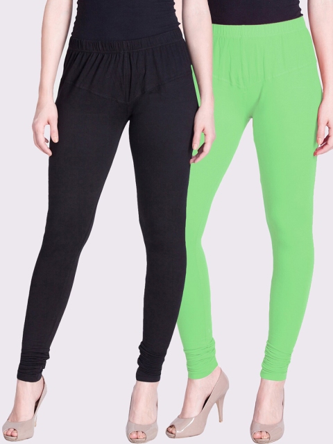 

LYRA Women Black & Green Pack Of 2 Solid Churidar-Length Leggings