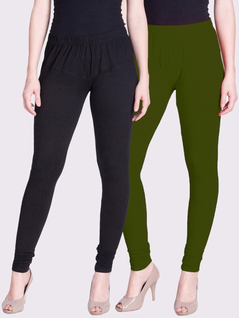 

LYRA Women Black & Olive Green Set of 2 Solid Cotton Churidar-Length Leggings