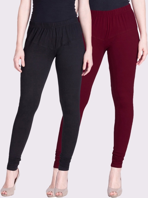 

LYRA Women Black & Maroon Pack Of 2 Solid Churidar Length Leggings