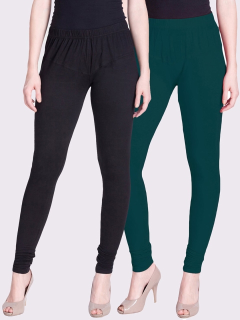 

LYRA Women Pack of 2 Black & Green Solid Churidar-Length Leggings