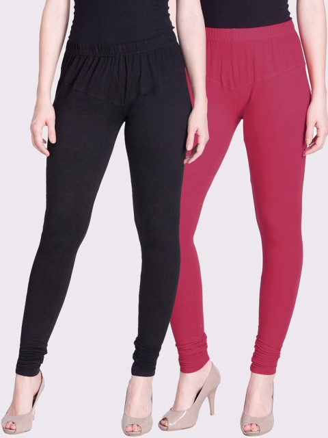 

LYRA Women Pack Of 2 Black & Pink Solid Churidar-Length Cotton Leggings