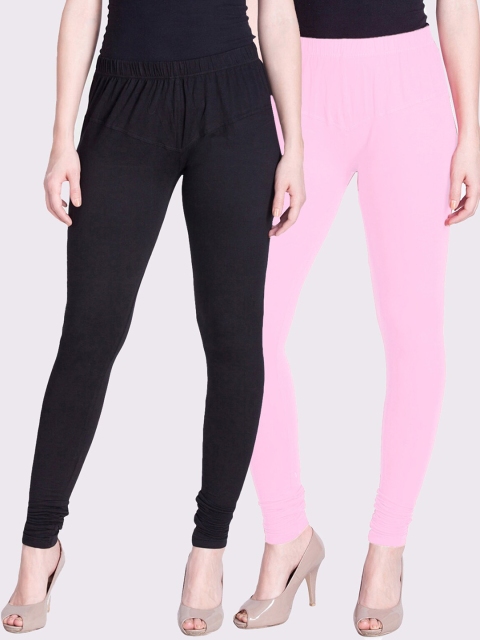 

LYRA Women Black & Pink Set of 2 Solid Cotton Churidar-Length Leggings
