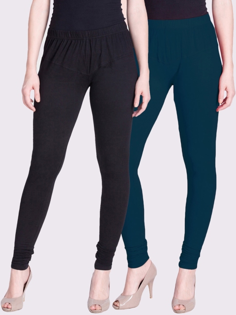 

LYRA Women Pack Of 2 Teal Blue & Black Solid Churidar-Length Leggings