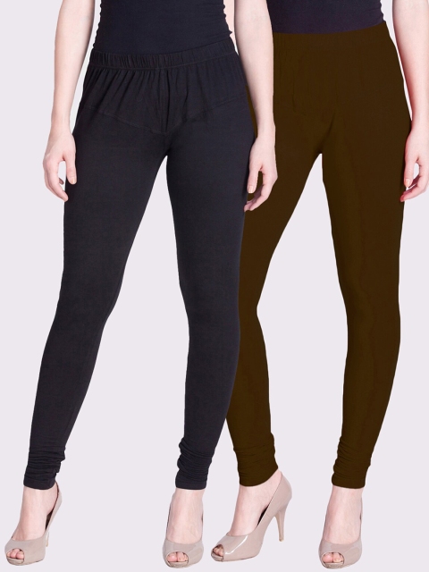 

LYRA Women Pack Of 2 Solid Churidar-Length Leggings, Brown