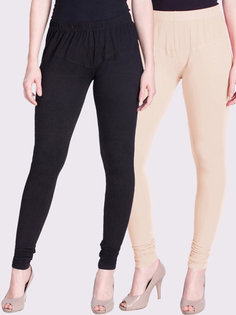 

LYRA Women Pack Of 2 Cream-Coloured & Black Solid Churidar-Length Leggings