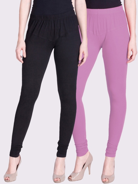 

LYRA Pack of 2 Women Black & Rose Solid Churidar Length Leggings