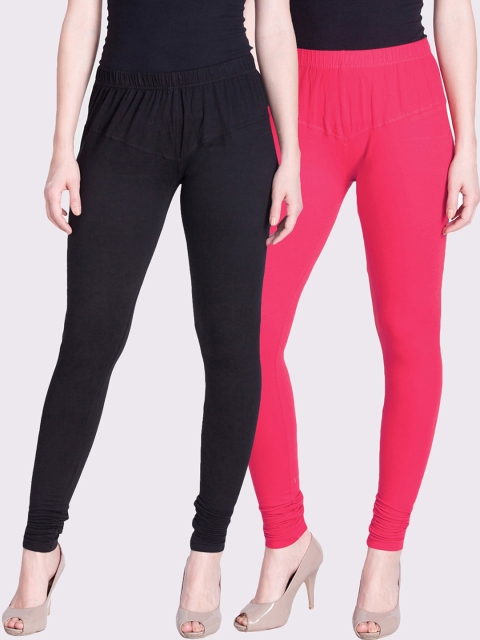 

LYRA Women Pack Of 2 Pink & Black Solid Churidar-Length Leggings