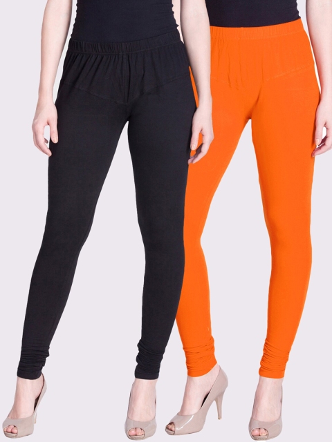 

LYRA Women Black & Orange Set of 2 Solid Cotton Churidar-Length Leggings