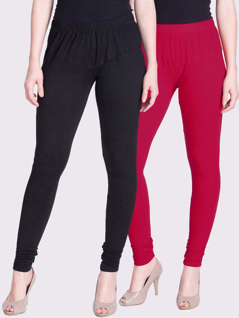 

LYRA Women Pack Of 2 Black & Pink Solid Churidar Length Cotton Leggings