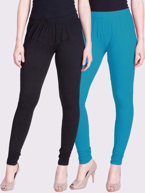 

LYRA Women Pack of 2 Black & Blue Solid Churidar Length Leggings