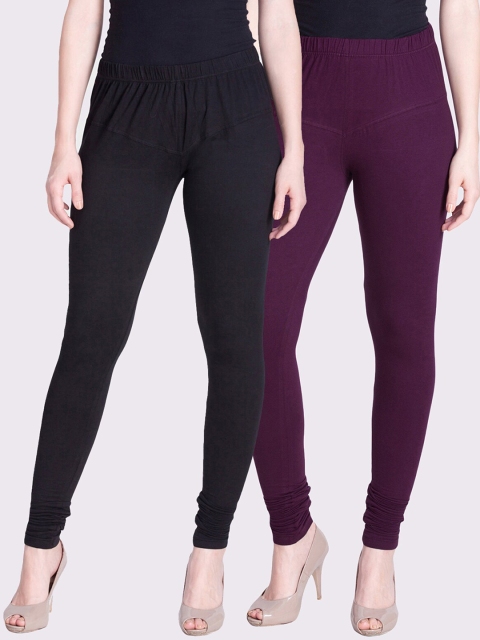 

LYRA Women Pack Of 2 Purple & Black Solid Churidar-Length Leggings