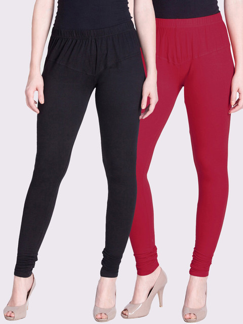 

LYRA Women Pack of 2 Black & Pink Solid Churidar Length Cotton Leggings