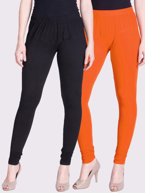 

LYRA Women Pack Of 2 Orange & Black Solid Churidar-Length Leggings