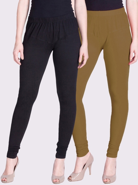 

LYRA Women Pack Of 2 Olive & Black Solid Churidar-Length Leggings