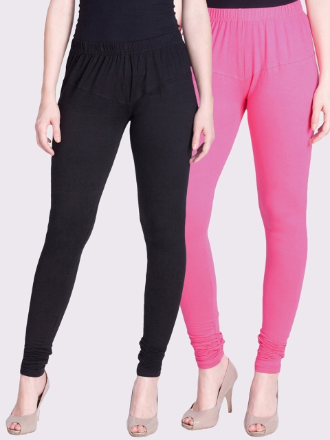 

LYRA Women Pack Of 2 Pink & Black Solid Churidar-Length Cotton Leggings