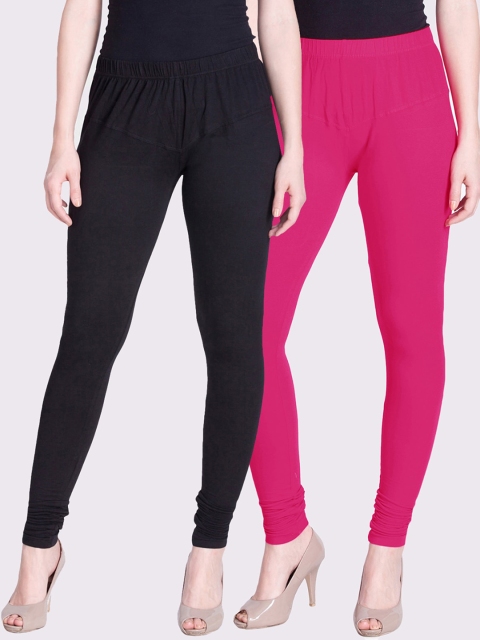 

LYRA Women Pack Of 2 Pink & Black Solid Churidar-Length Leggings