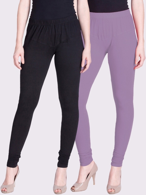 

LYRA Women Black & Lavender Pack Of 2 Solid Churidar-Length Leggings
