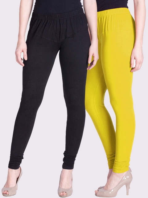 

LYRA Women Yellow & Black Pack Of 2 Solid Churidar Length Leggings