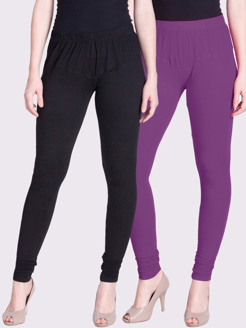 

LYRA Women Pack Of 2 Violet & Black Solid Churidar Length Leggings