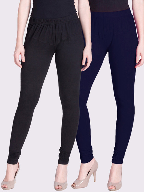 

LYRA Women Pack Of 2 Black & navy Blue Solid Churidar-Length Leggings