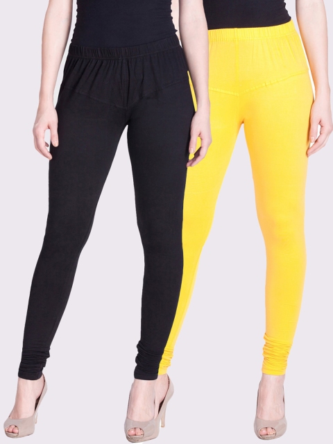 

LYRA Women Pack Of 2 Yellow & Black Solid Churidar-Length Cotton Leggings