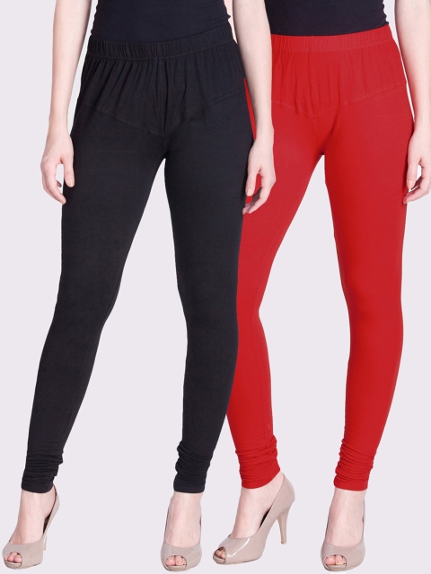 

LYRA Women Pack Of 2 Black & Red Solid Churidar-Length Leggings