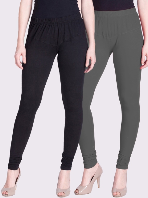 

LYRA Women Black & Grey Pack Of 2 Solid Churidar-Length Leggings