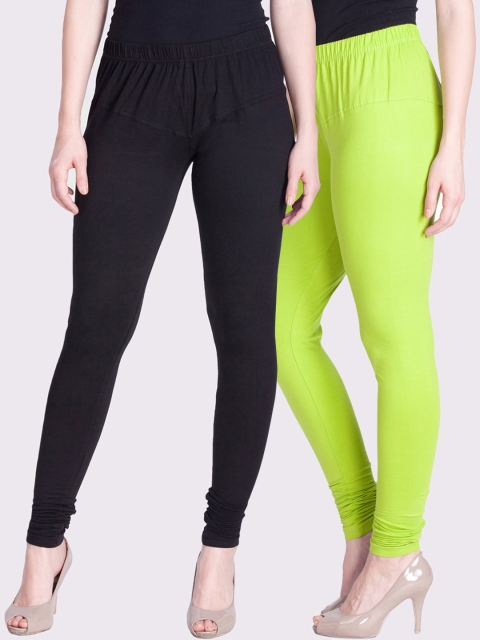 

LYRA Women Pack Of 2 Black & Mint Green Solid Churidar Length Cotton Leggings