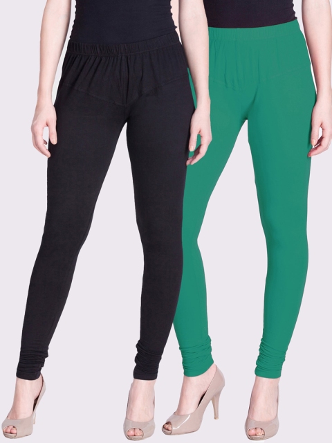 

LYRA Women Pack Of 2 Green & Black Solid Churidar Length Leggings