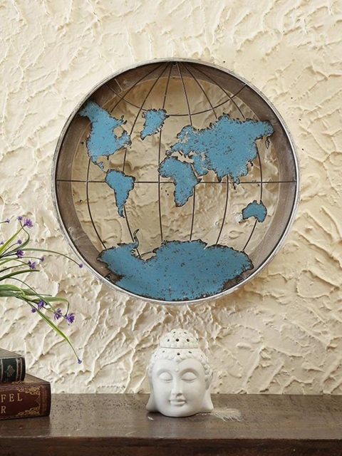 

vedas Gold & Blue Round World Map Wall Decor