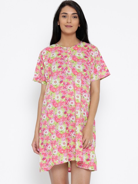 

The Kaftan Company Pink & Green Floral Print Pure Cotton Sleep Shirt