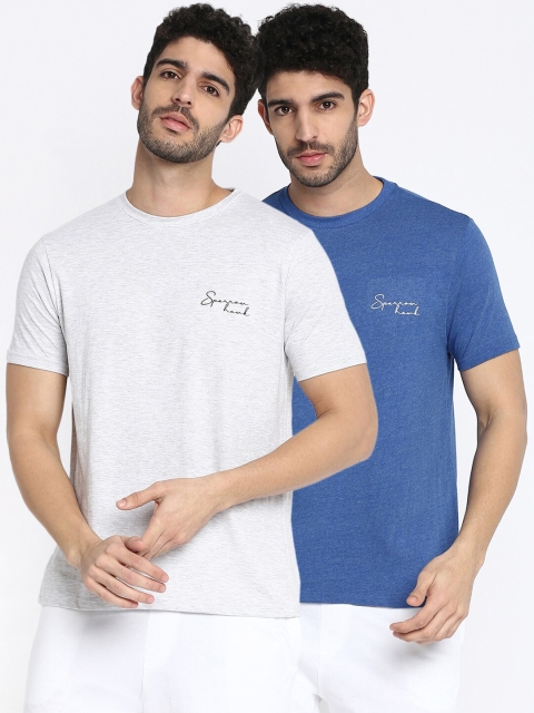 

SPARROWHAWK Men Pack Of 2 White & Blue Typography Printed Cotton T-shirts