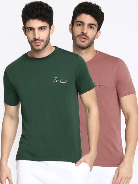 

SPARROWHAWK Men Pack Of 2 Typography Printed Cotton T-shirt, Green