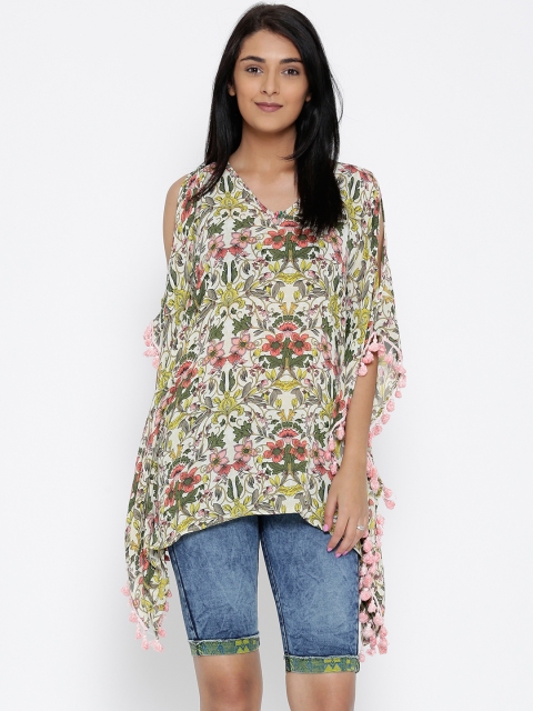 The Kaftan Company Women Cream-Coloured & Green Printed Kaftan Top