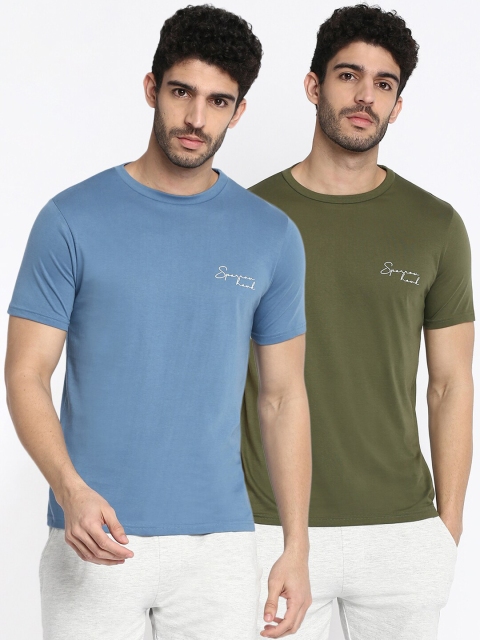 

SPARROWHAWK Men Blue & Olive Green Set Of 2 V-Neck T-shirt