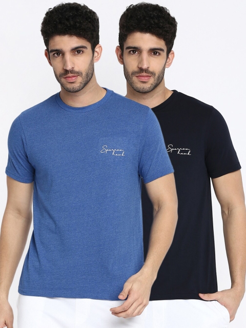 

SPARROWHAWK Men Pack of 2 Black & Blue Typography 2 T-shirt