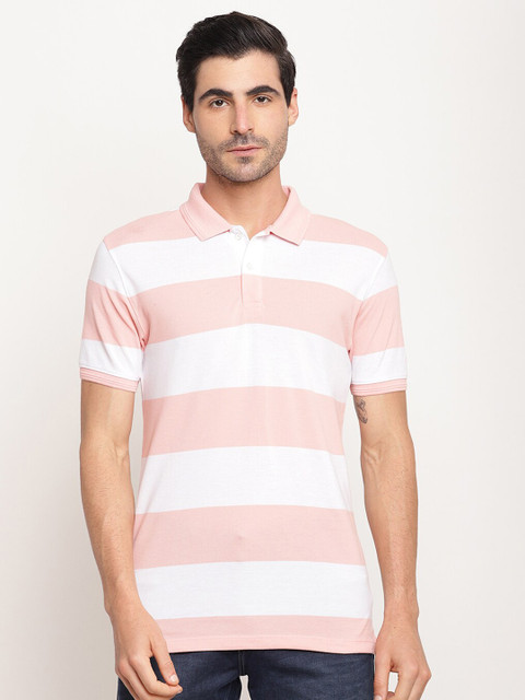 

Octave Men Pink Striped Polo Collar Cotton T-shirt