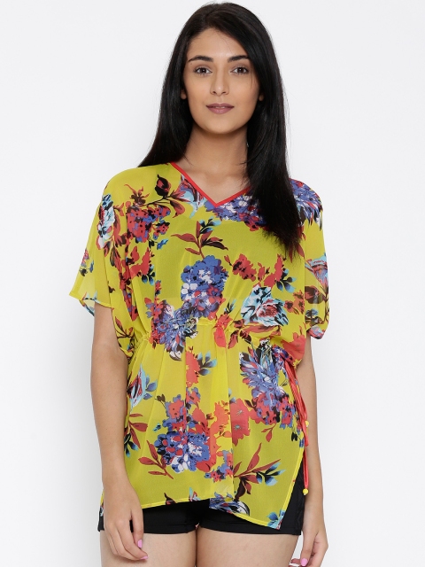

The Kaftan Company Women Yellow Sheer Printed Kaftan Top