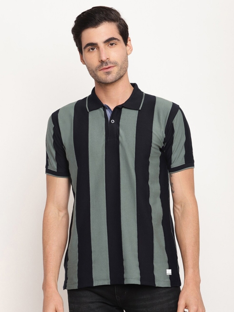 

Octave Men Olive Green Striped Polo Collar T-shirt