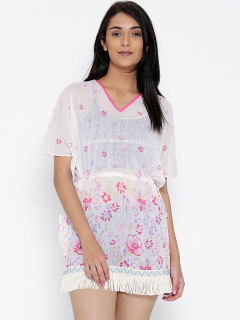 

The Kaftan Company White & Pink Floral Print Fringed Kaftan Cover-Up Dress RW_TIEMEUP003
