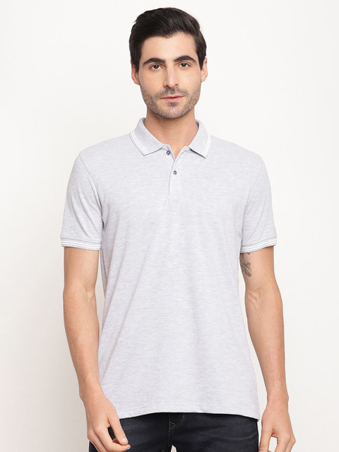 

Octave Men Grey Melange & White Solid Polo Collar T-shirt