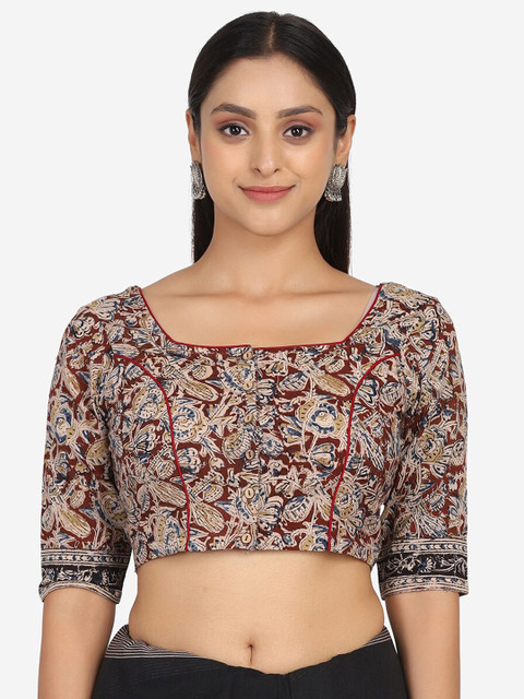 

THE WEAVE TRAVELLER Women Brown & Blue Kalamkari Printed Cotton Saree Blouse