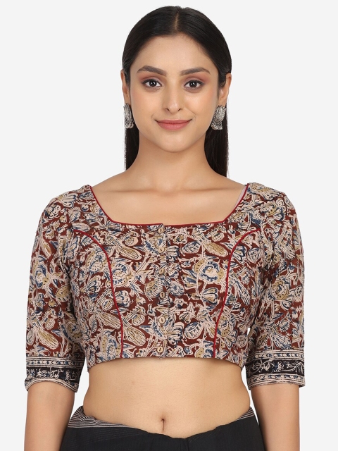 

THE WEAVE TRAVELLER Women Brown & Red Kalamkari Block Printed Cotton Saree Blouse