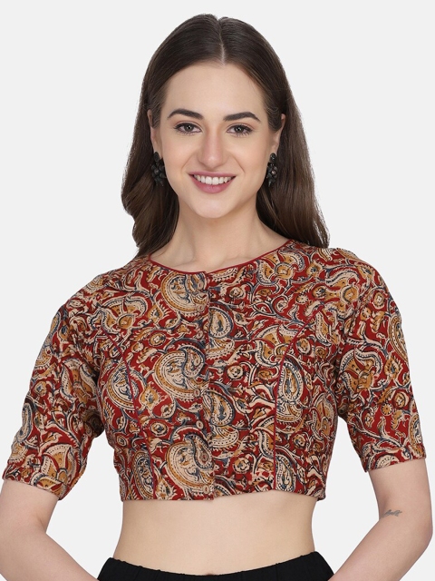

THE WEAVE TRAVELLER Women Red Kalamkari Block Printed Cotton Saree Blouse