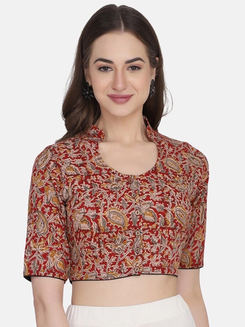 

THE WEAVE TRAVELLER Women Red & Beige Hand Block Kalamkari Printed Saree Blouse