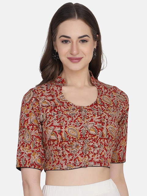 

THE WEAVE TRAVELLER Women Red & Beige Kalamkari Printed Cotton Saree Blouse