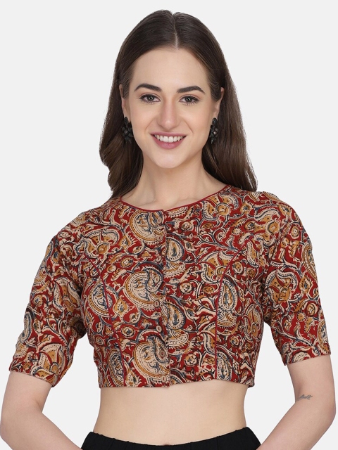 

THE WEAVE TRAVELLER Women Red & Beige Kalamkari Block Printed Cotton Saree Blouse